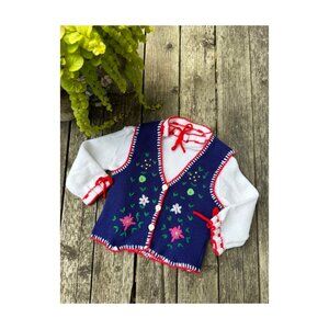 Vintage Knit Shirt & Vest Set Blue Red White Crewel Embroidery Details Handmade
